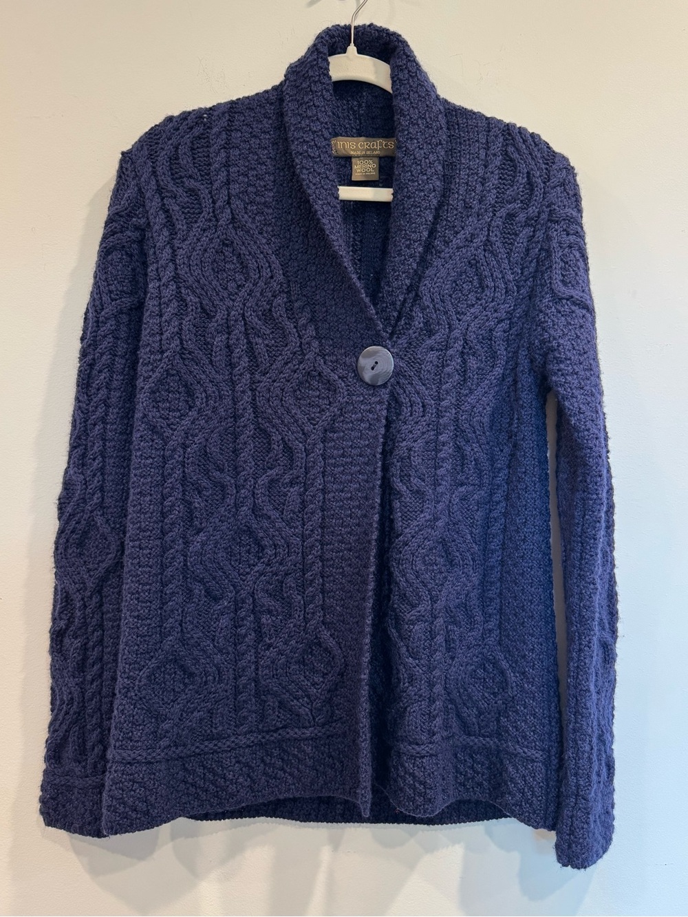🐑 Inis Crafts Made in Ireland 100% Merino Wool Cardigan Sweater Sz S Navy Cable